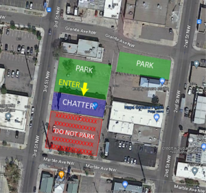 Parking map around Chatter. Park to the lot north of Chatter.